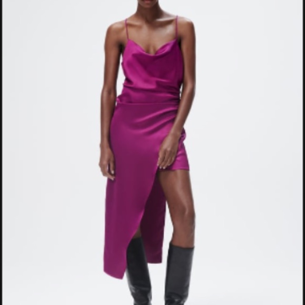 Spaghetti Strap Cowl Neck Asymmetric Midi Dress